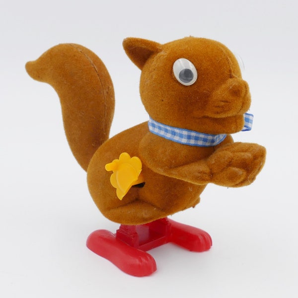Flocked 1970's Wind-up Flocked Squirrel Novelty Toy