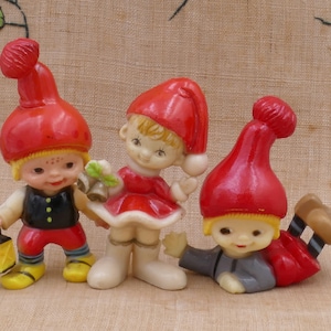Trio of Vintage Hard Plastic Elf Figurines
