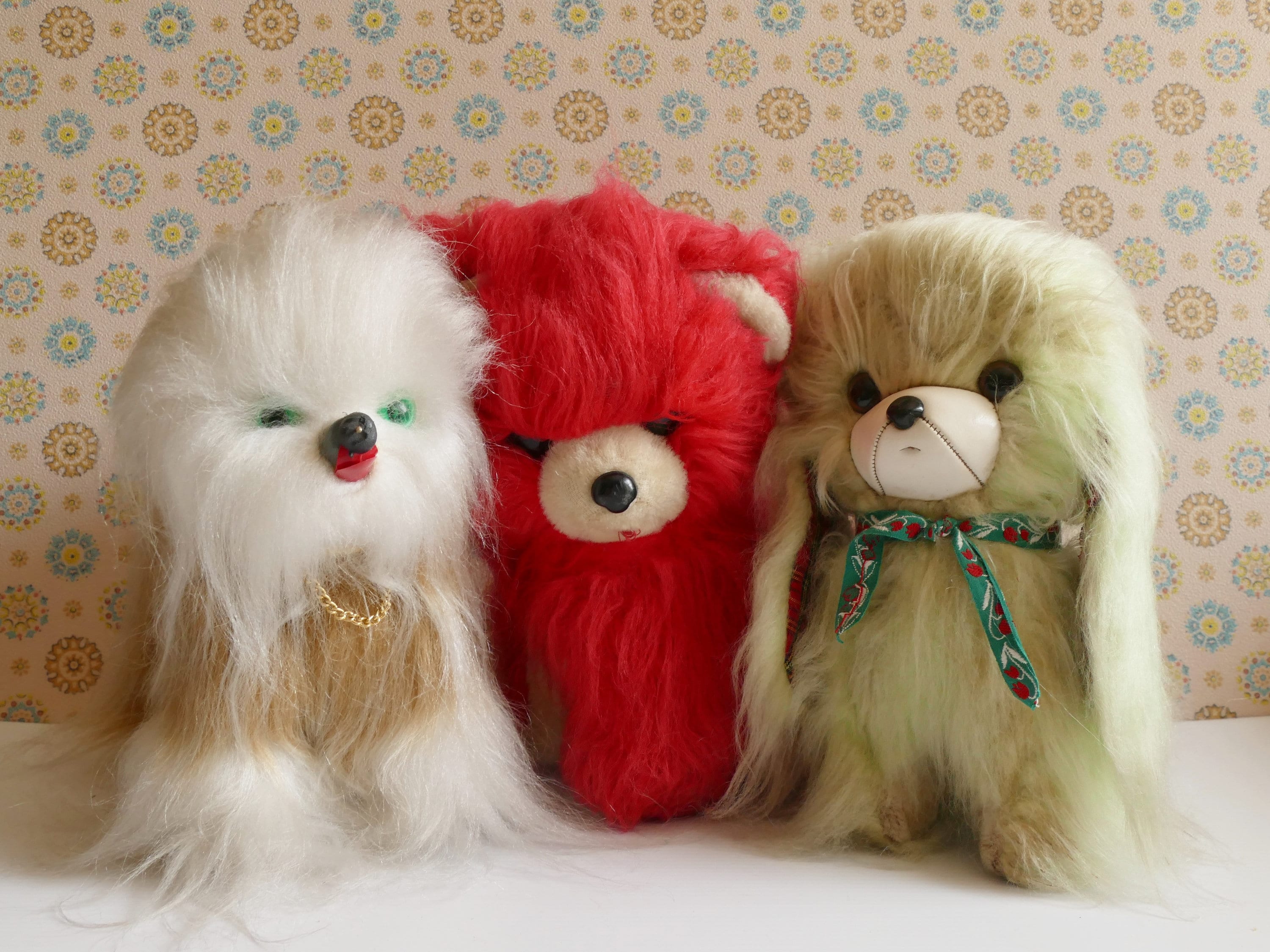 Vintage 1960's Fluffy Cerise Red Glook Style Dog Soft Toy Bandai