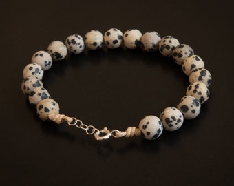 Dalmatian Stone beaded bracelet. Frosted finish. Adaptable size. With personalised stamped charm option.