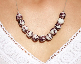 Recycled Glass beads and Silver chain Necklace. Purple and white. Fair-trade handmade African beads.