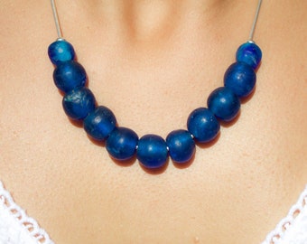 Recycled Glass beads and Silver chain Necklace. Deep blue. Fair-trade. Big African beads.