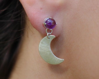Small Amethyst dangle Earrings with Crescent Moon in textured Silver.