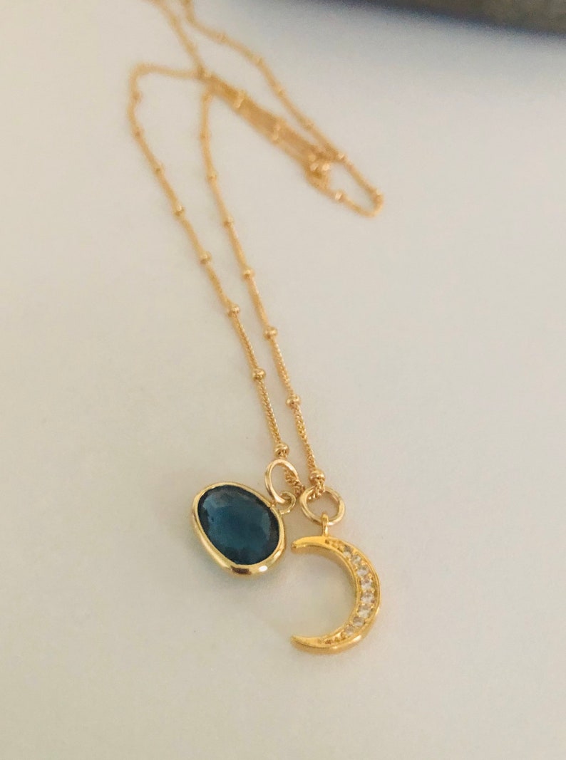 The Moon Will Light My Way Gold Montana Glass Pendant and Pave Crescent Moon Charm Necklace Moon Charm Necklace
