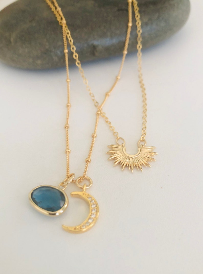 The Moon Will Light My Way Gold Montana Glass Pendant and Pave Crescent Moon Charm Necklace Moon Charm Necklace