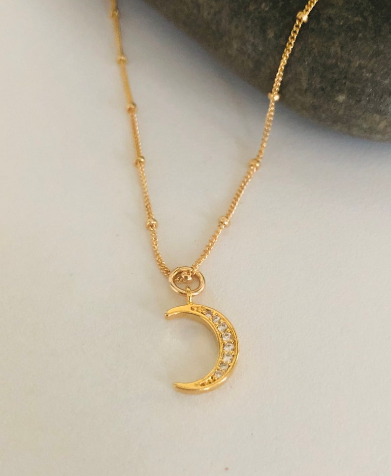 The Moon Will Light My Way Gold Montana Glass Pendant and Pave Crescent Moon Charm Necklace Moon Charm Necklace