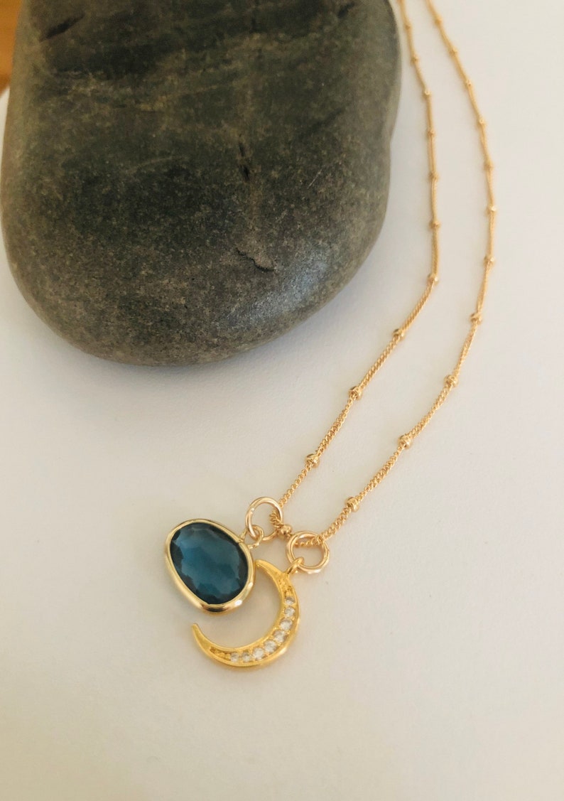 The Moon Will Light My Way Gold Montana Glass Pendant and Pave Crescent Moon Charm Necklace Moon Charm Necklace
