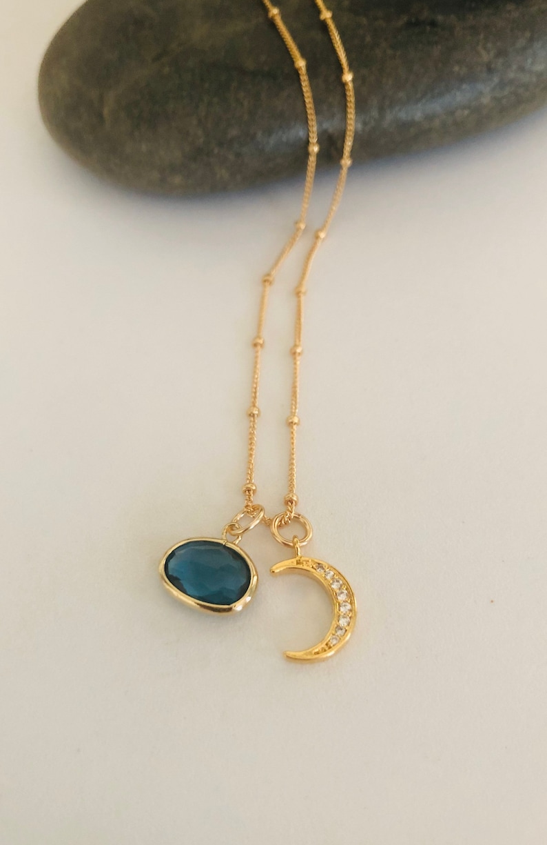 The Moon Will Light My Way Gold Montana Glass Pendant and Pave Crescent Moon Charm Necklace Moon Charm Necklace