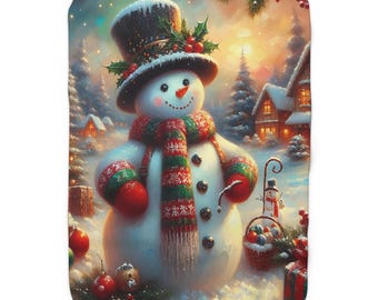 Manta polar sherpa con escena de muñeco de nieve navideño / Manta acogedora de invierno
