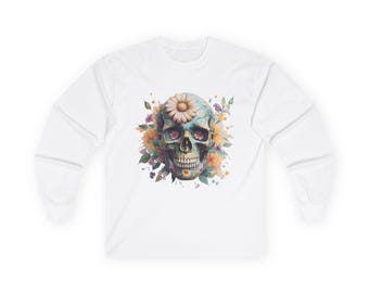 Day of the Dead Long Sleeve Tee, Floral Skull, Unisex Cotton