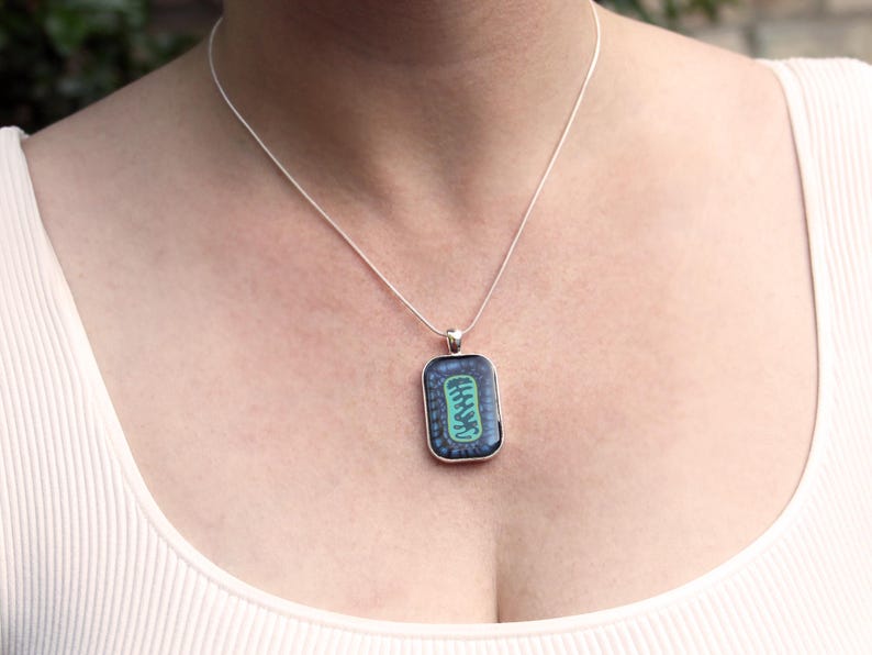 May include: A silver chain necklace with a rectangular pendant featuring a green and blue design.