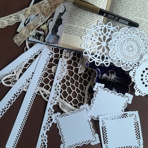 Mooi kantpapier, papieren kleedjes, plakboekpapier Materila, ambachtelijke benodigdheden, junk journal ephemera, versieringen, kanten vellen