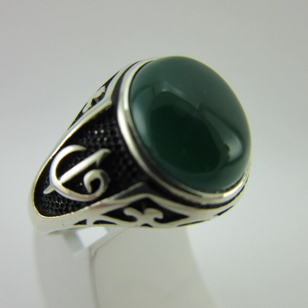 Handmade Ottoman Jewelry Style 925 Sterling Silver Moldavite Stone Men's Ring Size 10.75 (Free Shipping - Free Resizing - Free Box)