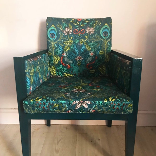 Arm chair upholstered in Teal Amazon print design by Emma J. Shipley