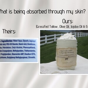 May include: A close-up of a white jar with a brown label that reads "Simple & Vanilla Essentials Grass Fed Tallow Body Butter" with a cow icon. The jar is sitting on a white surface with a white picket fence and green grass in the background.