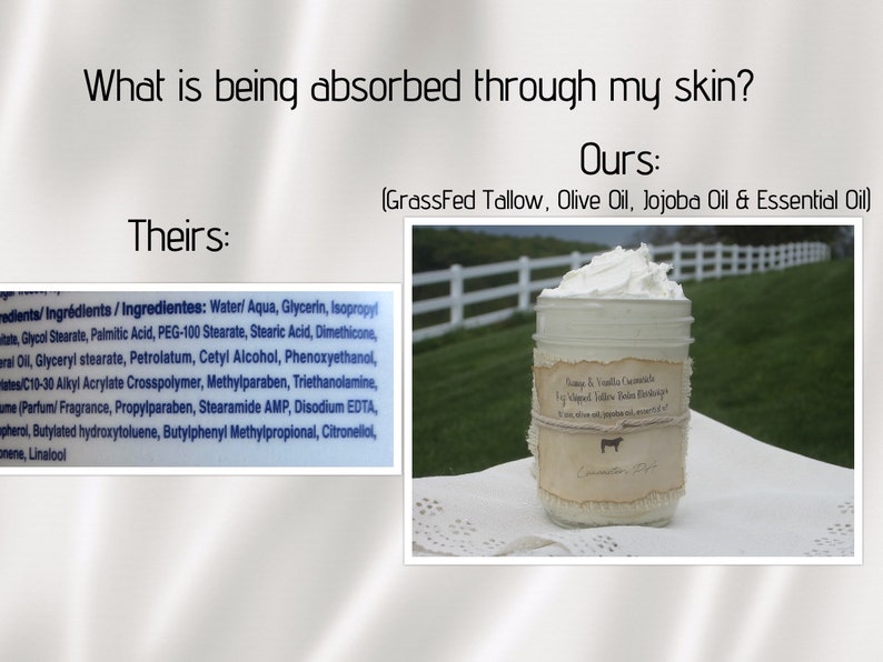 May include: A close-up of a white jar with a brown label that reads "Simple & Vanilla Essentials Grass Fed Tallow Body Butter" with a cow icon. The jar is sitting on a white surface with a white picket fence and green grass in the background.