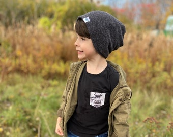 Dark Gray Slouchy Beanie - Handmade Polyester Blend, Adult & Kids