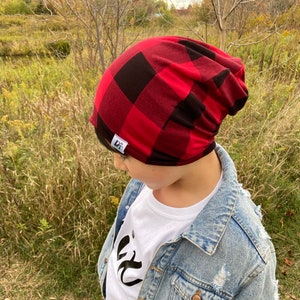 Buffalo plaid, plaid slouchy hat, plaid hat, black beanie, slouchy beanie, hipster beanie, baby beanie, toddler beanie Black & Red Plaid image 2