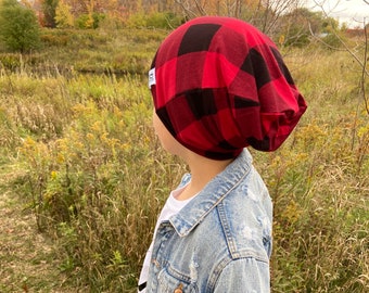 Bamboo Knit Buffalo Plaid Slouchy Beanie, Baby Toddler Beanie
