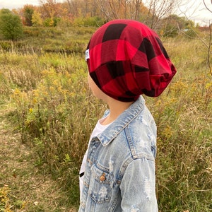 Buffalo plaid, plaid slouchy hat, plaid hat, black beanie, slouchy beanie, hipster beanie, baby beanie, toddler beanie Black & Red Plaid image 1