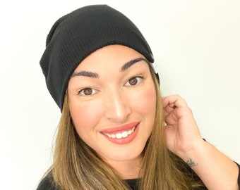 Slouchy Beanie/ baby slouchy beanie/ toddler beanie / hipster beanie/ slouchy hat/ slouchy beanie/ Black beanie/ black hat - Ribbed Black