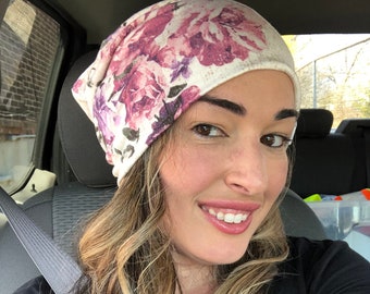beige pink purple floral beanie