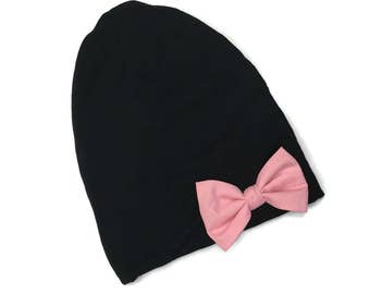 Slouch Beanie/ black slouchy hat, big bow beanie, big bow slouchy beanie, baby girl hat, baby girl beanie, baby beanie - Black & Pink Bow