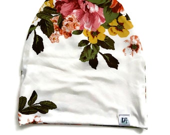 Ivory Floral Slouchy Beanie, Cotton Knit Hipster Hat