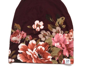 Floral Slouch Beanie - Handmade Double Brushed Poly Blend