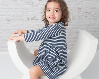 Dress/ kids dress/ baby girl dress/ baby dress/ modern dress/ toddler dress/cute  dress/ blue dress/ stripes dress/ dressy - Navy Stripes