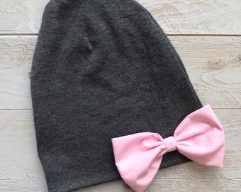 Slouch Beanie/ grey slouchy hat, pink big bow beanie/ big bow slouchy beanie/ baby girl hat/ baby girl beanie, baby beanie - Grey & Pink Bow