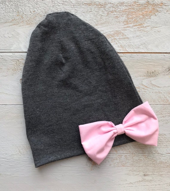 Slouch Beanie/ Grey Slouchy Hat, Pink Big Bow Beanie/ Big Bow