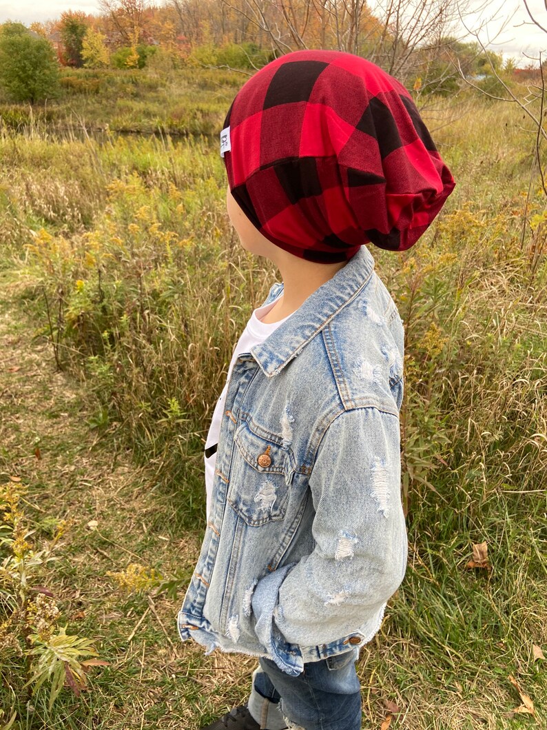 Buffalo plaid, plaid slouchy hat, plaid hat, black beanie, slouchy beanie, hipster beanie, baby beanie, toddler beanie Black & Red Plaid image 1