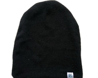 Black Slouchy Beanie - Handmade Hipster Style, Polyester Blend