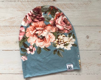 floral Slouch Beanie/ baby slouchy hat/ toddler beanie / hipster beanie/ baby girl beanie/ slouchy beanie/ floral hat/ hat - Blue Floral