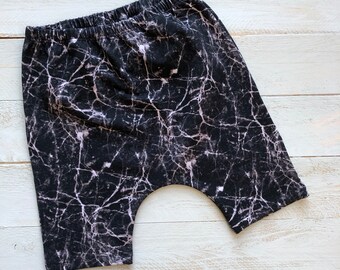 Harem Shorts/ harems/ drop crotch shorts/ shorts/ baby shorts/ marble toddler shorts/ black shorts/ monochrome shorts/ trendy shorts -Marble