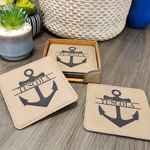 Personalized Nautical Light Brown Coaster Set of 6 With Holder, Last Name Coaster, Boating & Sailing Coasters, Lake House and Man Cave decor