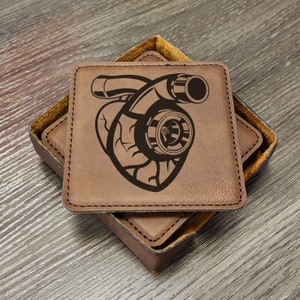 Turbo Heart Coaster Set, Car Builder Coaster, Engine Gift, Man Cave Coasters, Diesel Gearhead Father's Day Gift Boost Set of 6 With Holder