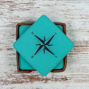 Teal Nautical Compass Coasters, Sailing Gifts, Boating Coaster, Boat Coaster, Barware Coasters, Barroom, Set of 6 With Holder