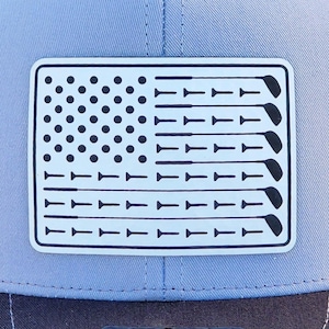 Golf Black And White American Flag Leatherette Iron On Hat Patch, Laser Engraved