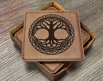 Celtic Tree of Life Coaster Set of 6 With Holder, Triquetra Celtic Gifts, Celtic Knot Man Cave Irish Design Coaster