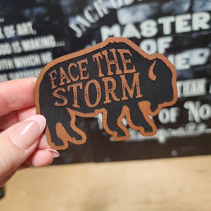 Buffalo Face The Storm Leatherette Iron On Hat Patch, Laser Engraved