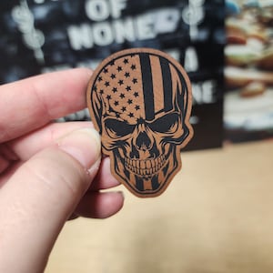 Patriotic Skull Leatherette Iron On Hat Patch, Laser Engraved