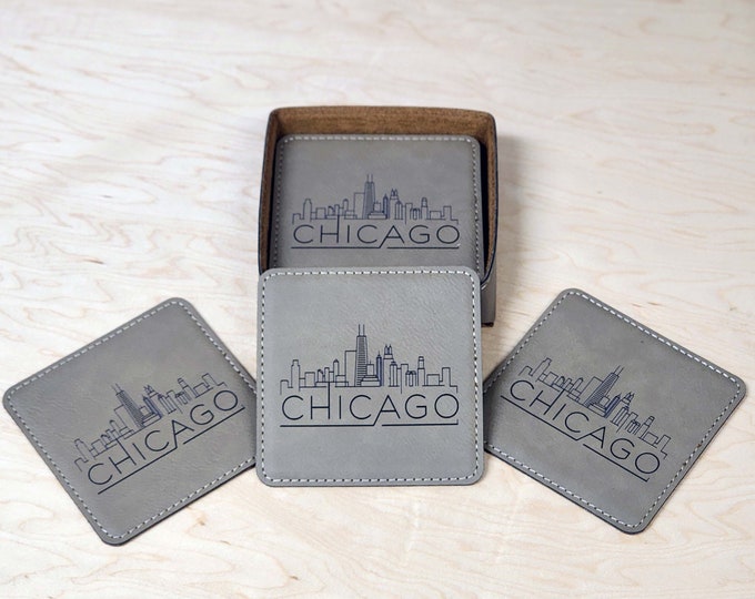 Chicago Coaster Set 6 w/ Holder, Minimalist Line Art Skyline, Great Gift for New Homes Housewarming, Mother's Day Father's Day & Living Room