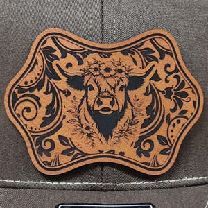 Tooled Floral Highland Cow Leatherette Hat Patch, Laser Engraved
