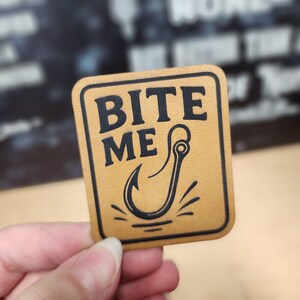 Fishing Hook Bite Me Iron On Hat Patch, Laser Engraved Leather