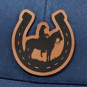 Engraved Rider On Horse In Horseshoe Hat Patch, Faux Leather