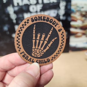 Feral Child Skeleton Hand Leatherette Hat Patch, Laser Engraved
