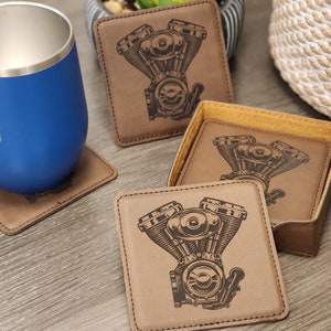 V-Twin Engine Coaster, Motorcycle Coaster, Biker Gift, Man Cave Coasters, Biker Bar, VTwin Father&#39;s Day Gifts, Set of 6 With Holder