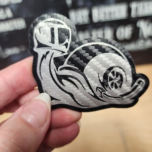 Speedy Snail Turbo Racing Design Leatherette Iron On Hat Patch, Laser Engraved